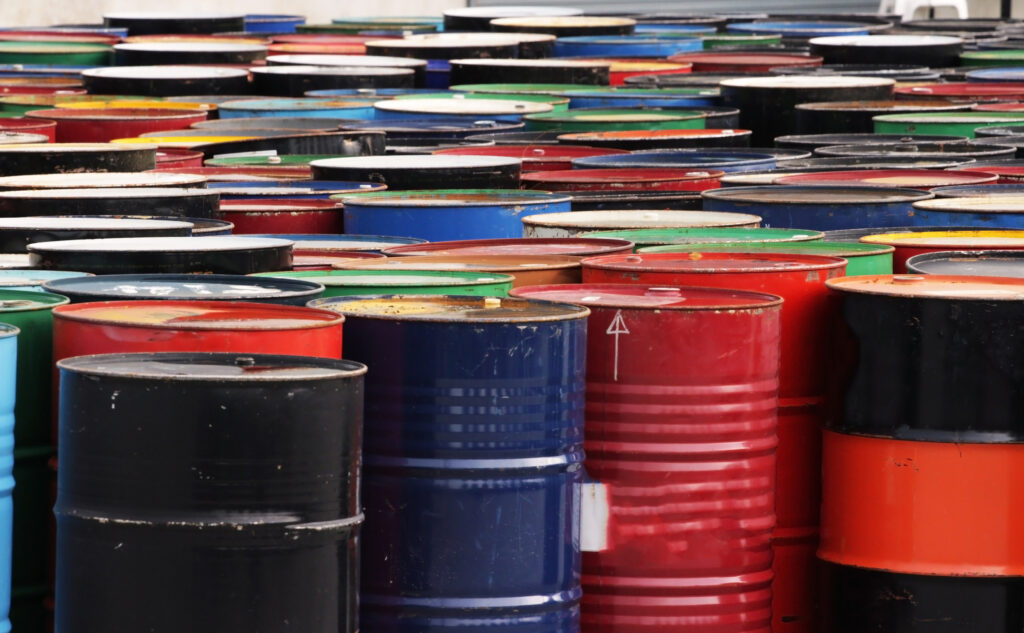 Industry oil barrels or chemical drums, tank.container of barrels of hydrocarbons, oil, chemical reagents.hazardous waste concept.