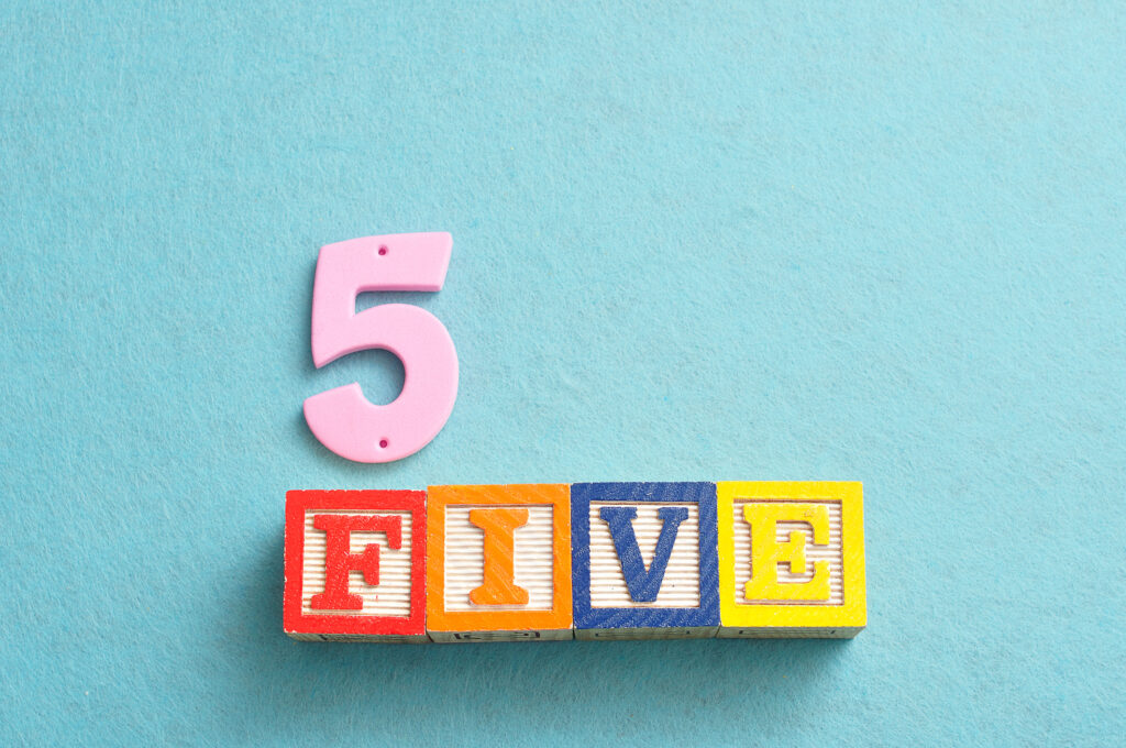 Number 5 displayed as a word and a number