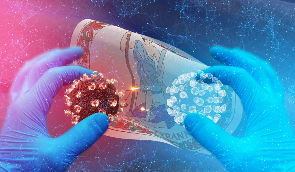 Medical molecular concept with backgroung of waving flag of the states of USA. State of Virginia flag 3D illustration.