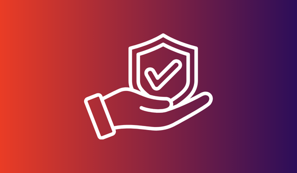Outline of a hand holding a shield with a check mark, symbolizing protection, security, or assurance—perfect for representing stewardship programs or program assessment—set against a gradient red to purple background.