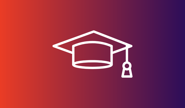 White graduation cap icon with tassel on a red to purple gradient background, symbolizing achievement in workforce training and safety training.