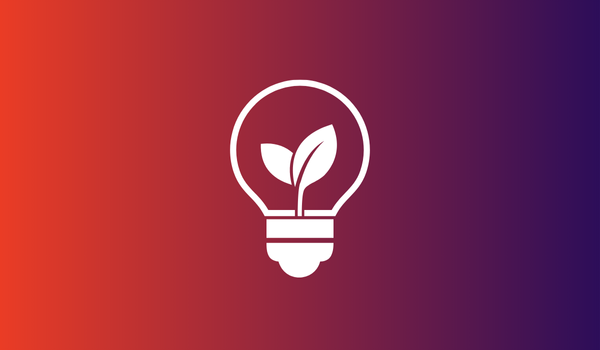 A white lightbulb icon with a plant sprouting inside it, symbolizing ESG goals, set against a red-to-purple gradient background.