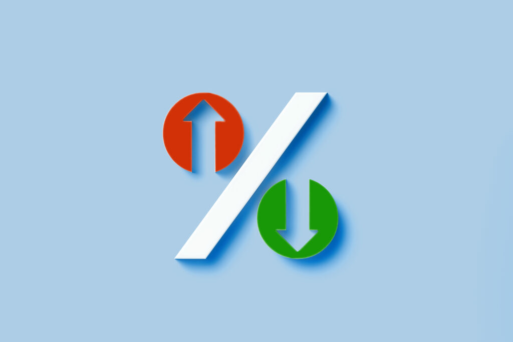 Percent Concept - Arrows Moving Up And Down Forming A Percentage Sign On Blue Background