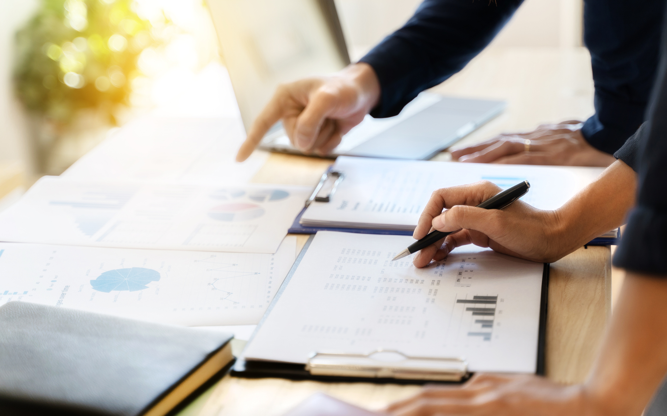 Business sales consultant discussing in data documents at modern office.