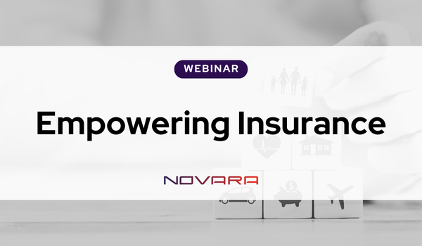 A webinar banner reads "Empowering Insurance" with "WEBINAR" above and the Novara logo below, set against a background of stacked blocks representing insurance services.