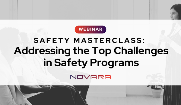 A woman speaks to a seated audience at a webinar titled "Safety Masterclass: Addressing the Top Safety Challenges in Safety Programs," hosted by Novara.