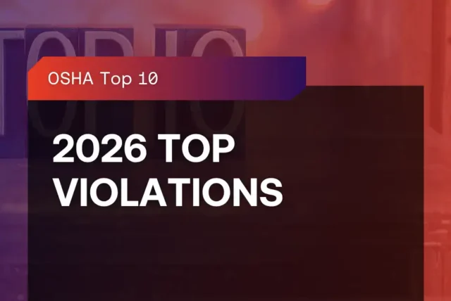 A graphic with the headline “OSHA Top 10” and large text reading “2026 Top Violations” against a red and purple background.
