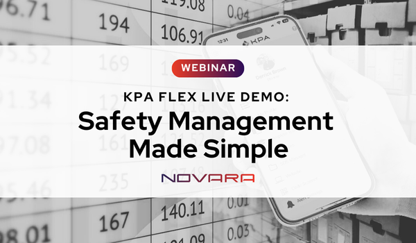 Webinar announcement for "Novara Flex Live Demo: Safety Management Made Simple" by Novara, featuring a background image of a phone with rows of labeled boxes.