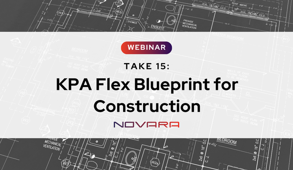 Webinar slide titled "Take 15: Novara Flex Blueprint for Construction" by Novara, displayed over a technical construction blueprint background.