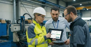 Two men and a woman with a hardhat on look at a dashboard on a tablet