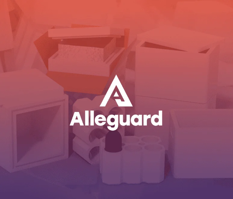 A collection of white protective packaging materials with the Alleguard logo and name displayed prominently in the center.