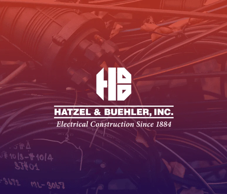 A cluster of electrical cables and equipment with the Hatzel & Buehler, Inc. logo and the text "Electrical Construction Since 1884" overlaid.