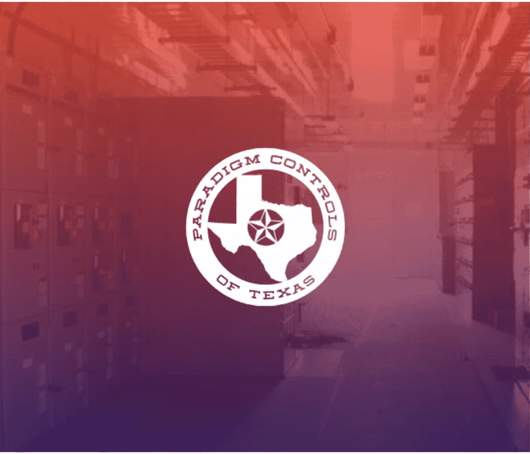 Paradigm Controls of Texas logo overlaid on a background image of an industrial control room with electrical panels and equipment.
