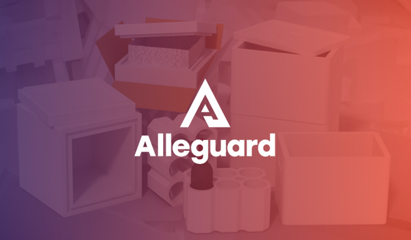 Alleguard logo centered over a background of various molded packaging and insulated container products, highlighting innovation in a red-to-purple gradient—an ideal visual for companies seeking Manufacturing EHS Software solutions.