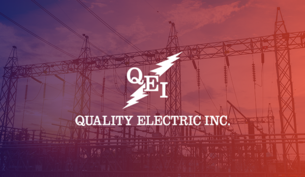 Logo for Quality Electric Inc. (QEI), featuring a lightning bolt over an electrical substation and power lines at sunset, symbolizing their commitment to safety and efficiency—perfect for companies utilizing Incident Reporting Software.