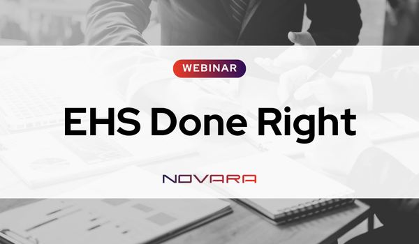Webinar promotion graphic featuring the title "EHS Done Right" and the company name "Novara" over a background of people working at a desk, highlighting EHS compliance and best practices in environmental health and safety.