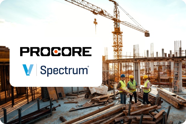 A construction site with four workers in safety gear, wooden planks, and a crane. Procore and Spectrum logos are displayed in the foreground, highlighting leading Construction Safety Management Software.