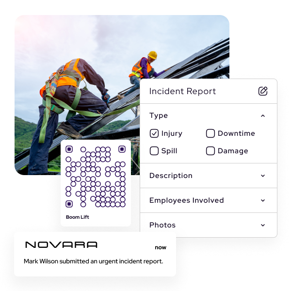 Two construction workers on a roof with safety harnesses; overlaid are digital forms from Construction Safety Management Software for reporting an incident, including injury and damage options.