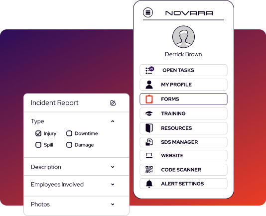 Mobile safety software interface displays a user dashboard with menu options and an incident report form featuring checkboxes for injury, spill, downtime, and damage types.