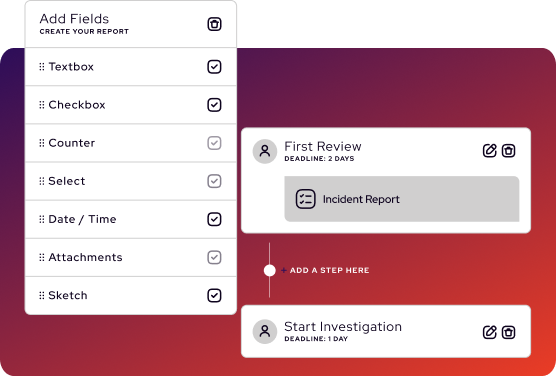 A digital ehs software interface displays options to add fields to a report and a workflow with steps like “First Review” and “Start Investigation” against a red-purple gradient background.