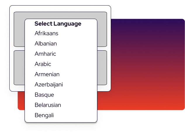 A computer screen displaying a dropdown menu labeled "Select Language" features a list including Afrikaans, Albanian, Amharic, Arabic, Armenian, and more—ideal for multilingual forms or language training purposes.