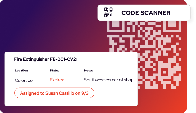A digital card powered by EHS Equipment Inspection Software displays a QR code and fire extinguisher details: status expired, location Colorado, notes on placement, and assignment to Susan Castillo on 9/3.