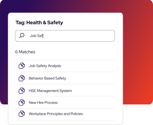A search for "Job Saf" under the Health & Safety tag shows six matches, including Job Safety Analysis, Behavior Based Safety, and Resource Management, all displayed on a gradient background.