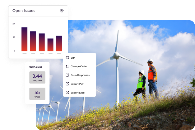 A chart and menu overlay an image of two workers in safety gear near wind turbines on a grassy hill, highlighting utility safety management under a blue sky with clouds.