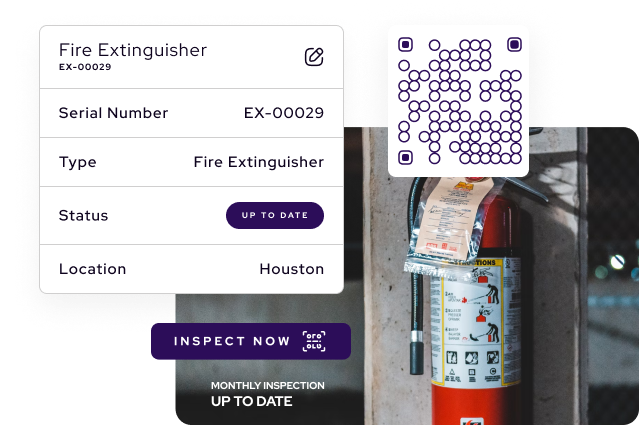 A fire extinguisher mounted on a wall with a tag attached; overlay shows inspection details such as serial number, type, status, and location, tracked efficiently with Manufacturing EHS Software.