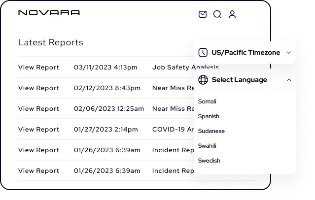 A dashboard in the Manufacturing EHS Software displays recent reports with dates and times, along with dropdown menus for timezone selection and language options including Somali, Spanish, Sudanese, Swahili, and Swedish.