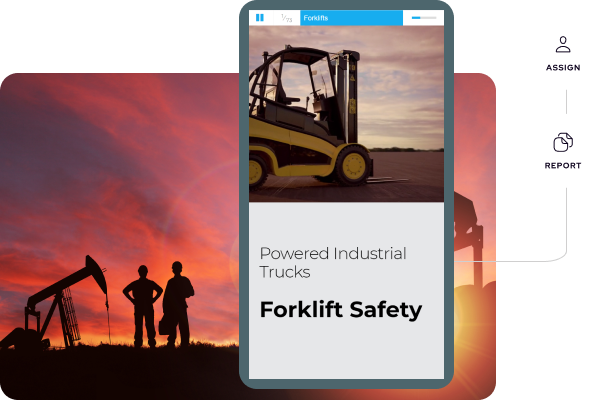 A mobile screen displays a forklift safety training module titled "Powered Industrial Trucks" with a forklift image; silhouettes of workers and machinery are in the background, illustrating EHS Software for Oil and Gas industry training needs.