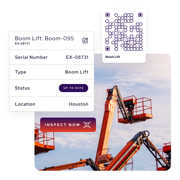 A boom lift with orange arms is pictured under a blue sky. Overlaying graphics, powered by Mechanical Contractor Safety Software, show its inspection status, serial number, type, and location in Houston.