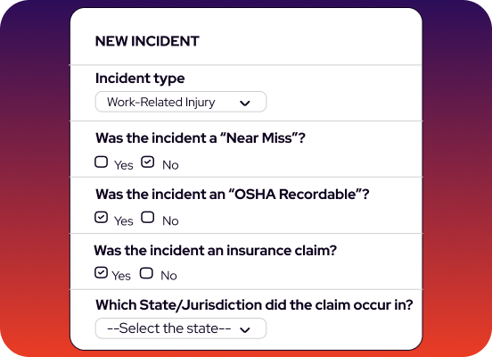 A digital form titled "New Incident" in the Risk Management Center with options to select incident type, answer yes or no to safety questions, and choose a state or jurisdiction.