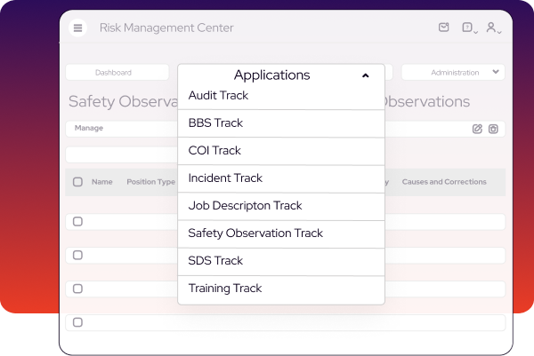 A dropdown menu labeled "Applications" displays options such as Audit Track, BBS Track, COI Track, and others within the Risk Management Center software interface.
