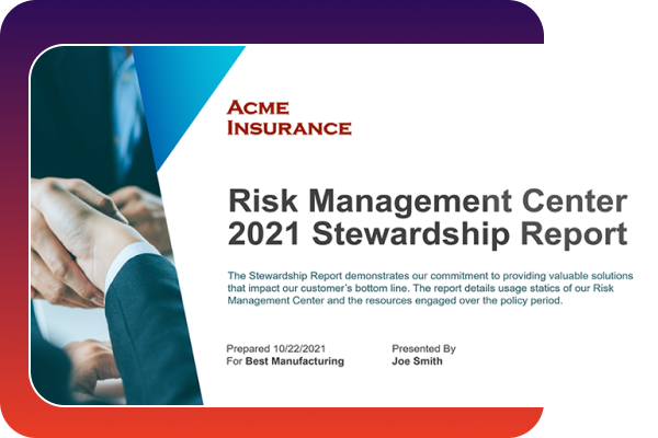 A report cover titled "Risk Management Center 2021 Stewardship Report" by Acme Insurance, featuring a handshake image and summary text on innovations in Risk Management Software.
