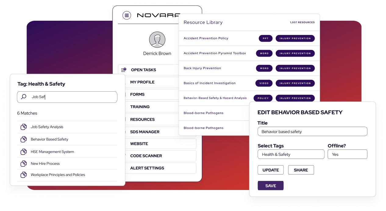 A digital interface displays a resource library with search, filter, and editing options, supporting efficient resource management for health and safety topics.