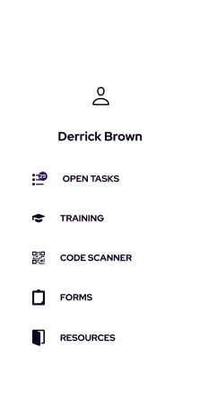 mobile-dashboard-white Profile menu screen for a user named Derrick Brown, showing options for Open Tasks, Training, Code Scanner, Forms, and Resources.