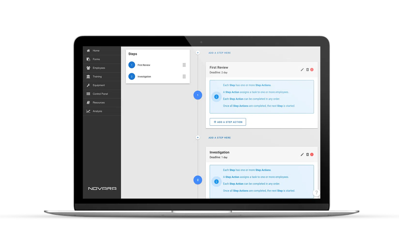 A laptop screen displays a Workflow Engine application with steps and actions outlined in a clear two-column interface.
