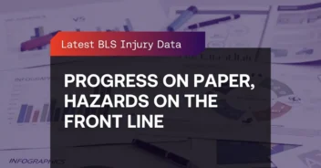 A graphic titled "Progress on Paper, Hazards on the Front Line" features the subtitle "Latest BLS Injury Report" overlaid on charts and graphs highlighting workplace hazards and injury statistics.