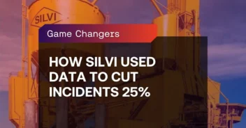 Yellow industrial equipment labeled "Silvi" with text overlay: "How Silvi used data and inspections to cut incidents 25%" and a "Game Changers" banner at the top.