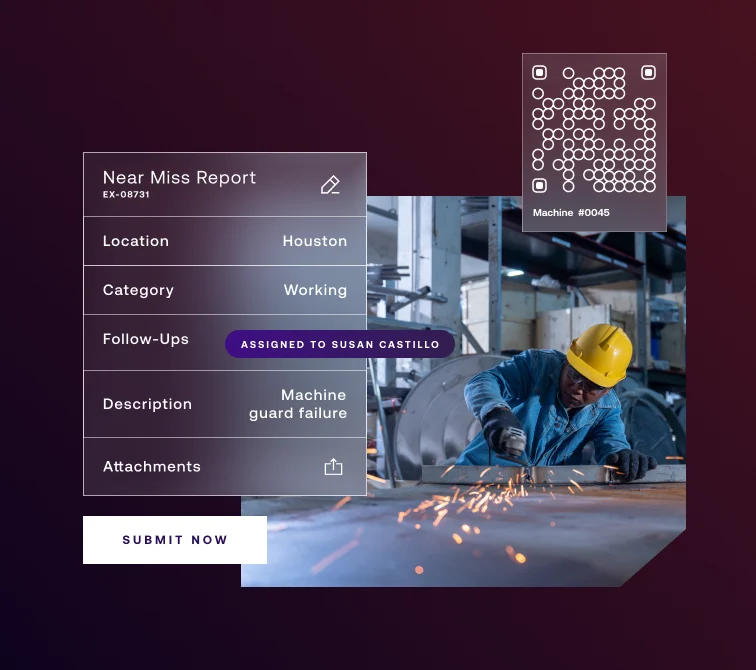 A worker in a hard hat uses a grinder, producing sparks. An incident report form overlays the image, detailing a machine guard failure in Houston. A QR code and machine ID are also shown.