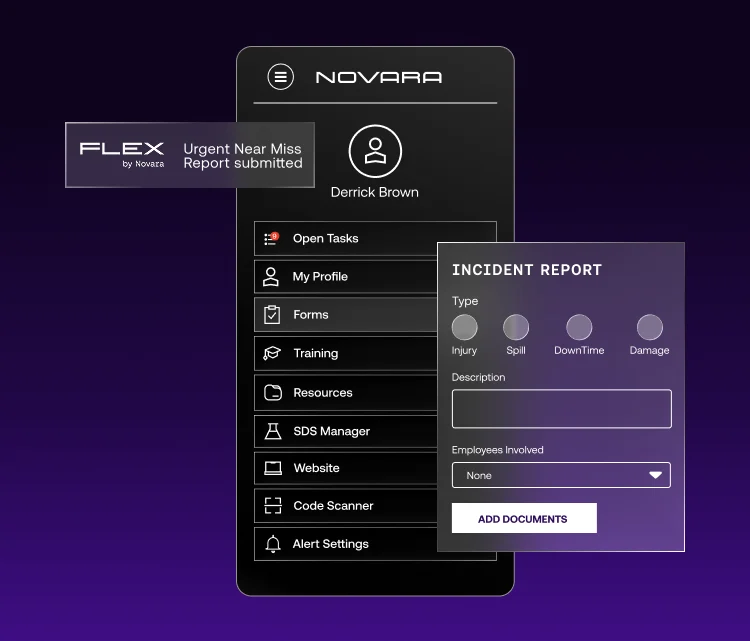 Mobile app interface showing a user dashboard with menu options and an open incident report form for submitting injury, spill, downtime, or damage reports.