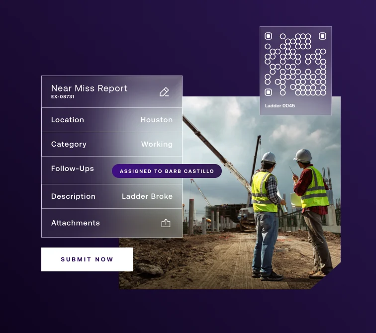 Two construction workers in safety vests stand on a jobsite. Nearby, a digital form displays details about a near miss report for a broken ladder in Houston.