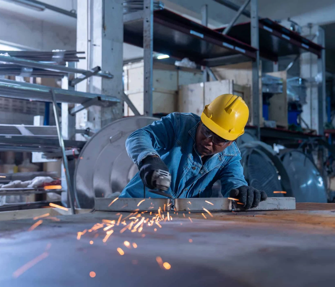 A worker wearing a yellow hard hat and safety goggles uses a power tool to cut metal, creating sparks in an industrial workshop.