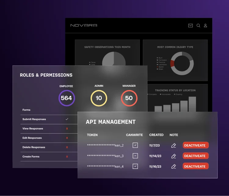 A dashboard interface showing user roles and permissions, and an API management panel with tokens, permissions, creation dates, and deactivate buttons.
