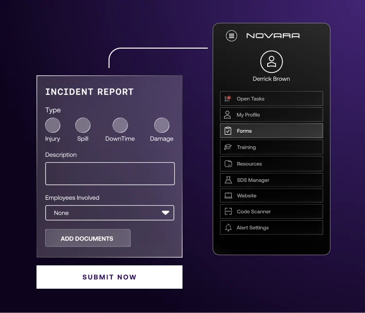 A digital incident report form with fields for type, description, and employees involved is shown next to a mobile app menu with user profile and navigation options.