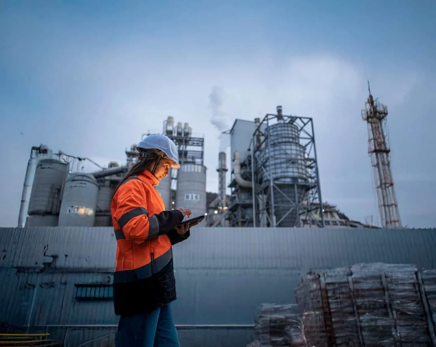 Person in a hard hat and orange safety jacket inspects a clipboard at an industrial facility with large metal structures in the background.