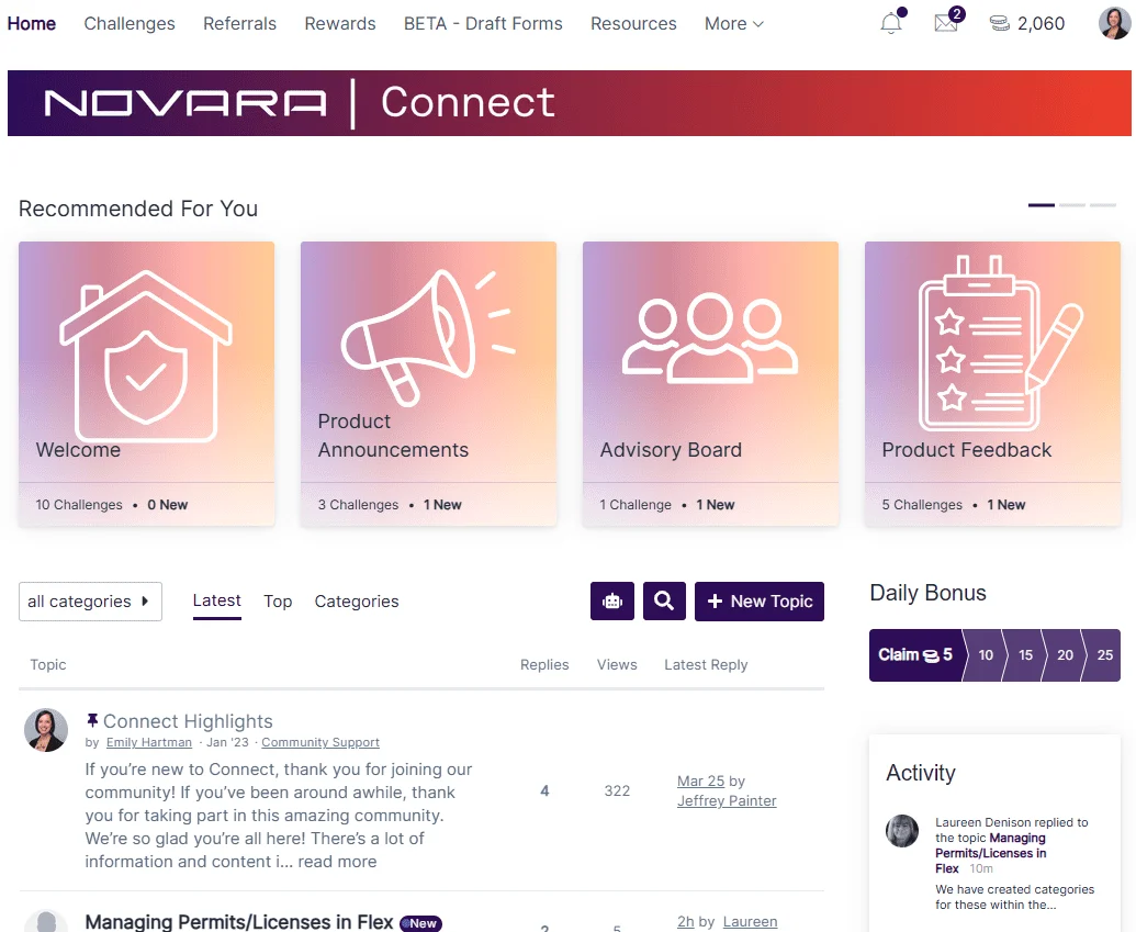 A community forum page with sections for Welcome, Product Announcements, Advisory Board, and Product Feedback, plus recent activity, daily bonus, and user notifications shown.