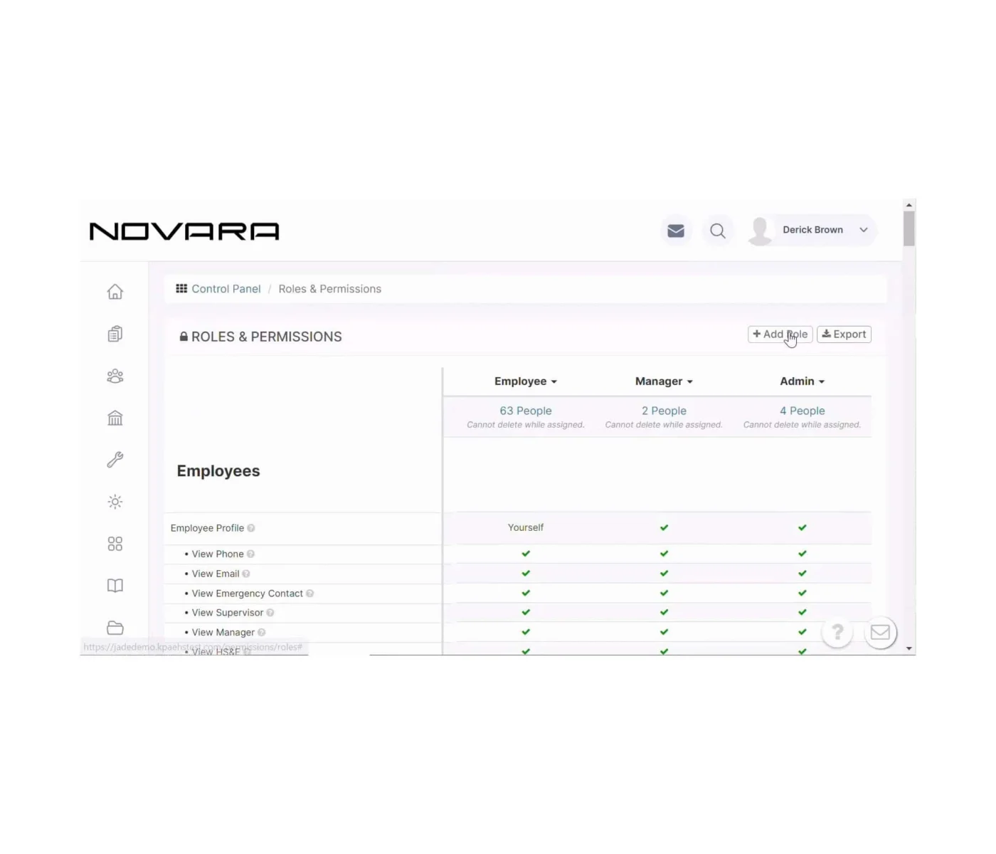 A computer screen displays the "Roles & Permissions" section in the Novara control panel, showing employee, manager, and admin roles with options to add or export.