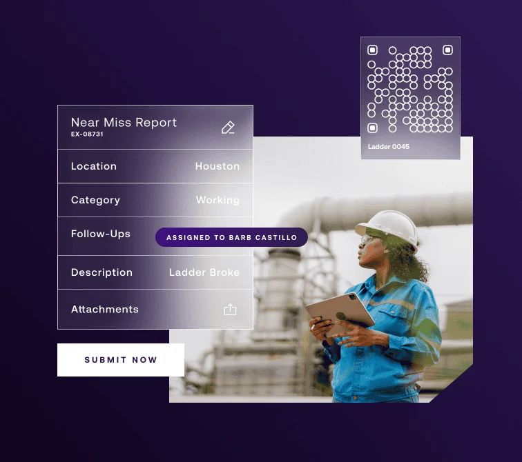A woman in safety gear holds a tablet at an industrial site. An overlay shows a near miss report with details and a QR code labeled "Ladder 0045.